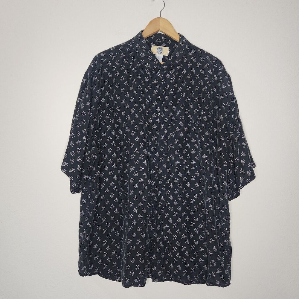 Silk Uomo by NAK Mens XL 100% Silk Black Purple Short Sleeve